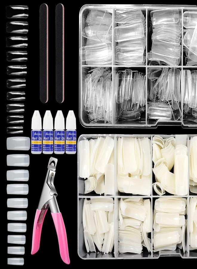 Yokilly 1000PCS Square Nail Tips and Glue, Clear Natural False Acrylic Nail Tips, Half Cover 10 Sizes French Artificial Nail Tips Manicure with Nail Clipper, Nail Files and Glue for Dip Powder - Image 1
